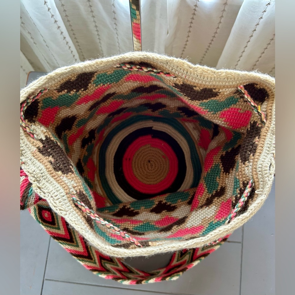 Wayuu Mochila Handmade Crossbody Bag Pink Teal Heart - Picture 14 of 15